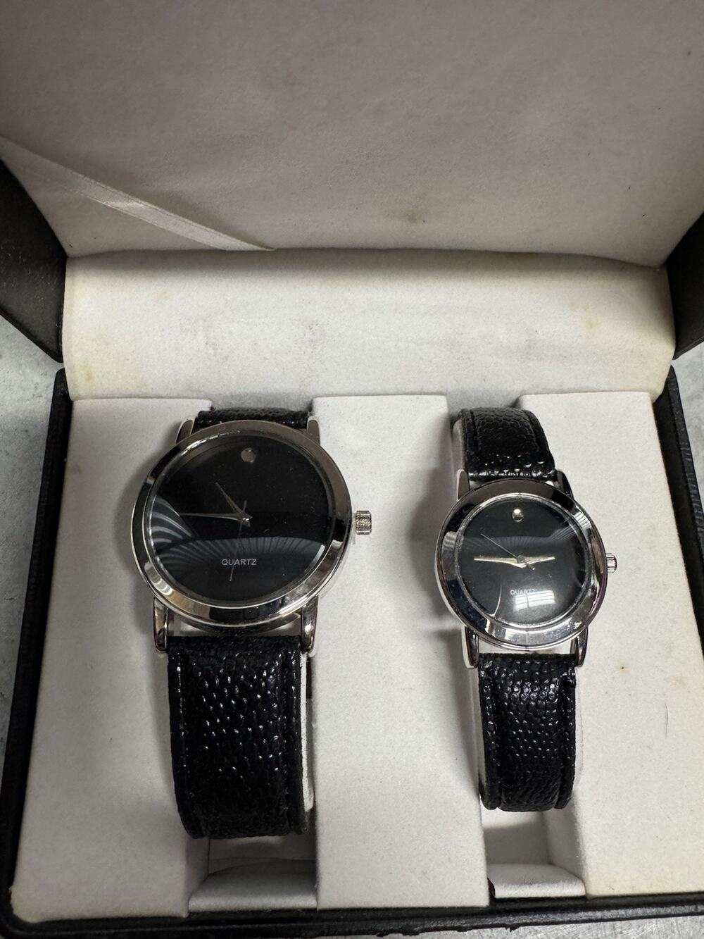 Quartz men/women watch set black band. New, Guard Still On Crown Faux Leather